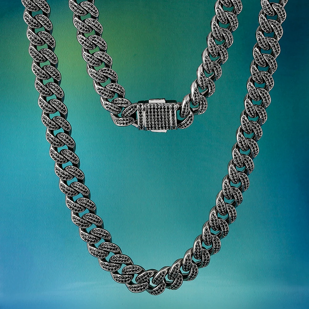 12mm Bling Iced Out Miami Cuban Link Chain Black 18/20 Inch Necklace With Cz Micro-Set High Quality Rapper Chain Hip Hop Jewelry