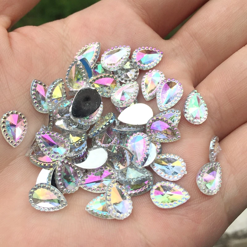 100pcs/lot 7*10mm white AB color water drop shape flat back rhinestone wedding decoration buttons