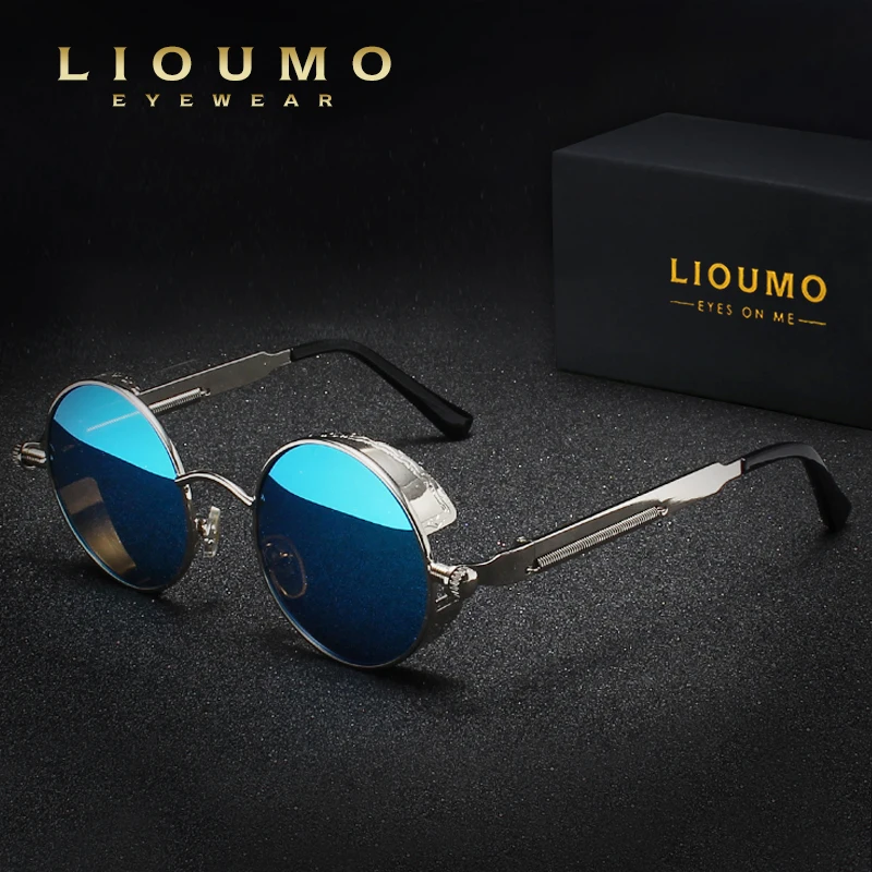 High Quality Classic Gothic Steampunk Sunglasses Polarized Men Women Vintage Round Glasses Metal Frame Blue UV400 lentes de sol