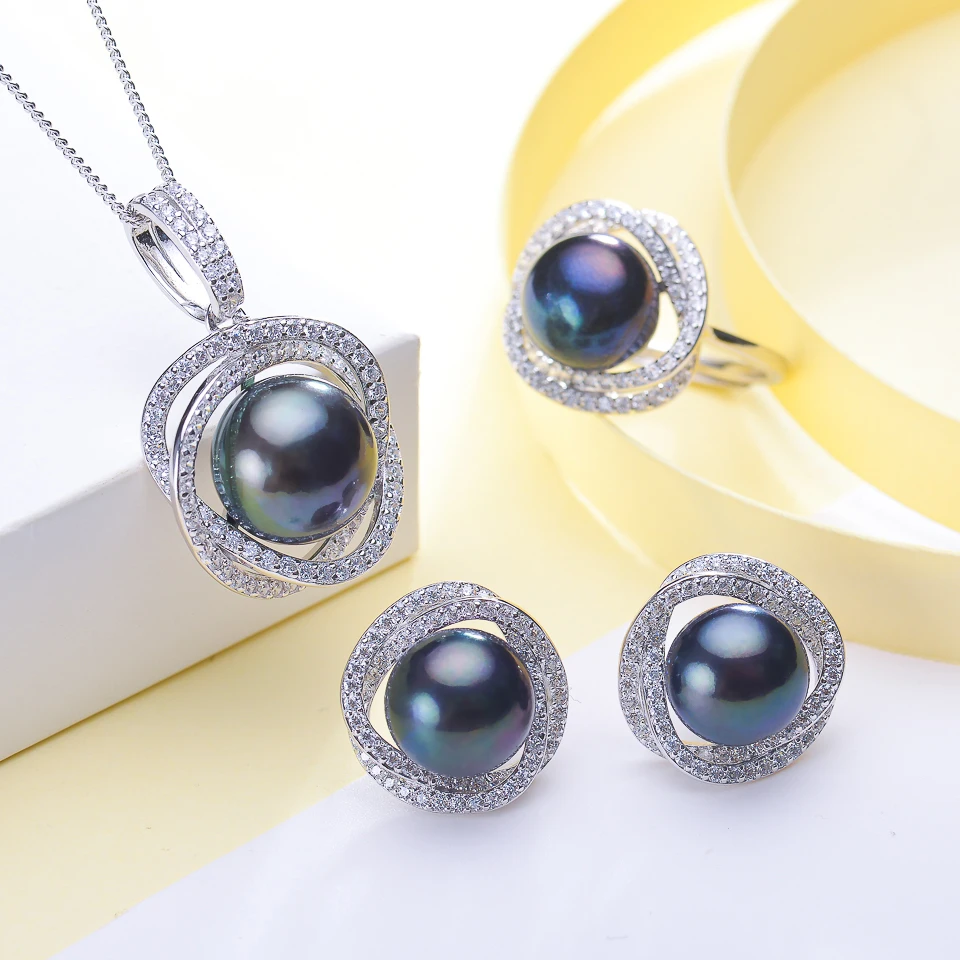 Zorun- Genuine Natural Freshwater Pearl Wedding  Jewelry Sets 11-12MM with 925 Sterling Silver Ring Sets for Women