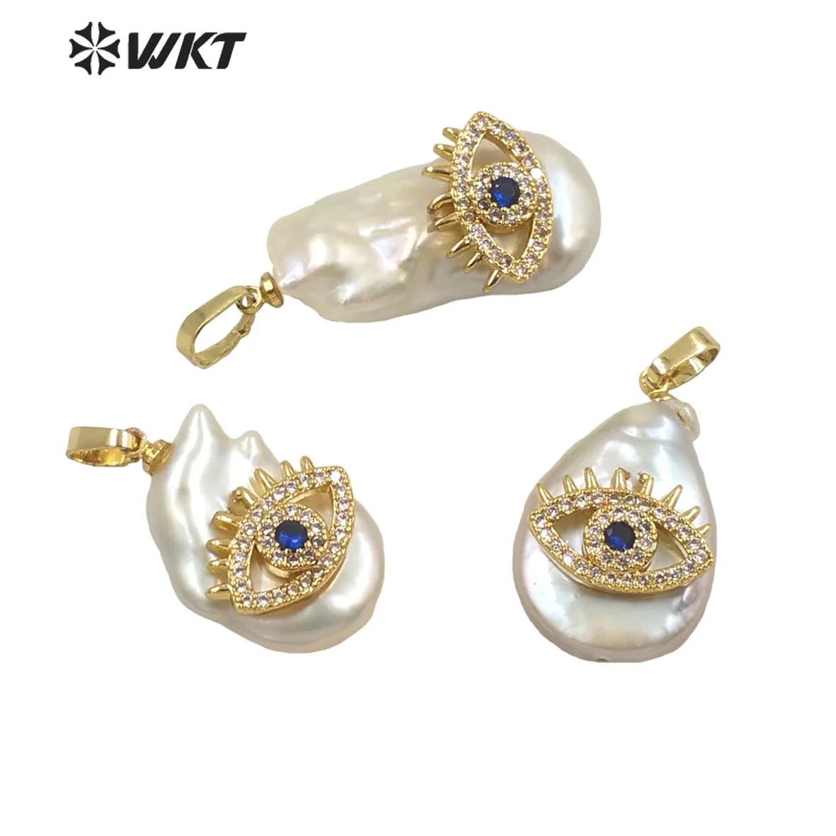 

WT-JP259 WKT wholesale fashion gold micropave cubic zircon evil eye freshwater pearl charm pendants irregular cz jewelry pendant