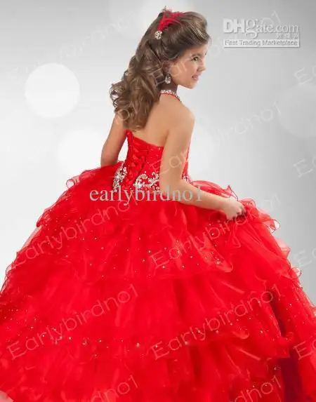 Little Girl Pageant Dresses Off The Shoulder Red Organza Lace Up Kids Party Gown Beading Crystal Gowns Ruffle Dress CH-1227