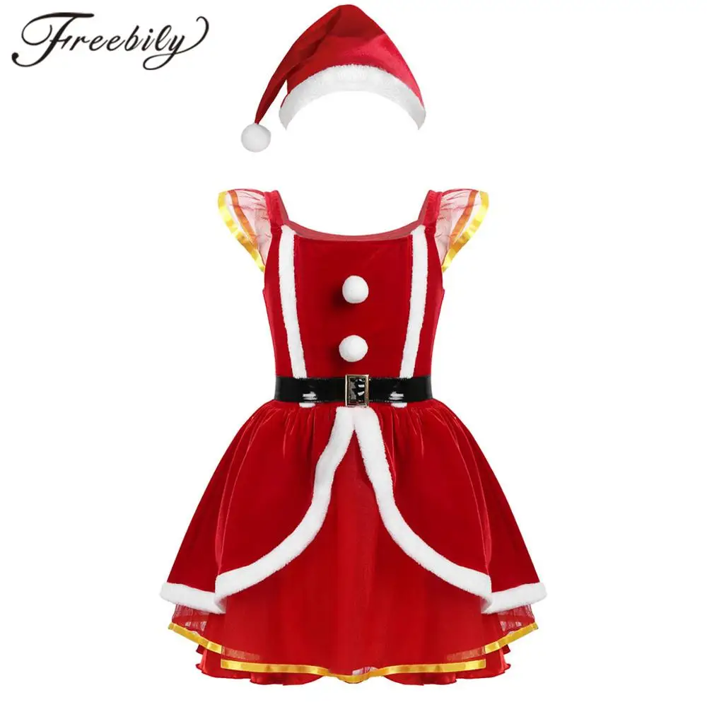 Children Girls Santa Claus Christmas Dance Costume Soft Velvet Girl Princess Mesh Tutu Party Dress with Hat Kids Xmas Outfits