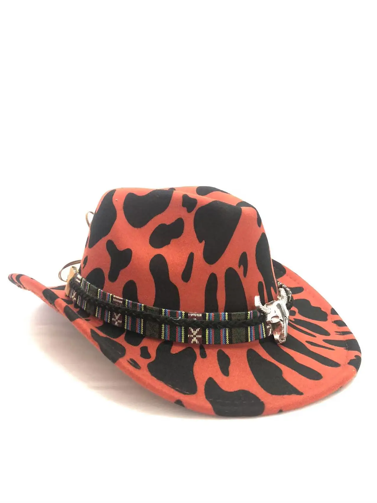 Curled cowboy hat with red jazz cow print monochrome knight felt hat for men and women with big eaves шапка мужская