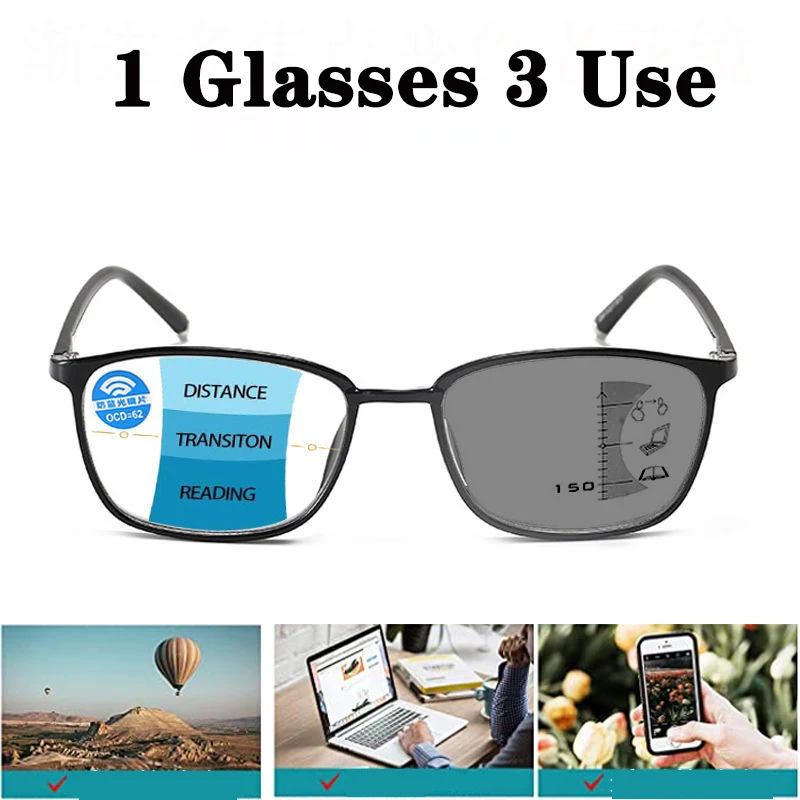 2021 TR90 Frame  Photochromic Computer Progressive Reading Glasses Men Women Anti-Blue Light Multifocus Presbyopia Eyewear 1.5