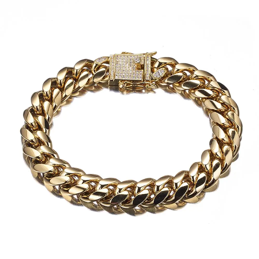 Miami Cuban Link Curb Chain Bracelet for women mens Bangls Gold Color Stainless Steel Luxury crystal Wristband Chains Jewelry