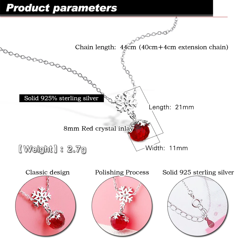 New 100% 925 Sterling Silver Small Red Ball Snowflake Pendant Choker Necklace Women Collars Fashion Chain Jewelry Bijoux