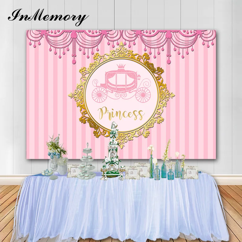 InMemory Princess Theme Backdrops Photo Vinyl Banner Pink Stripes Girl Birthday Party Photographic Background Studio Props 7x5ft