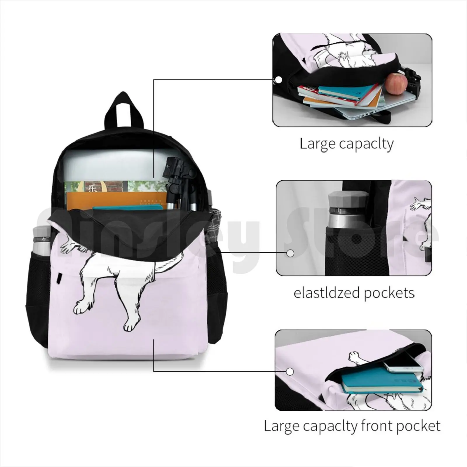 Mochila impermeável ao ar livre, gato persa guardião design, camping e viagens, branco e branco