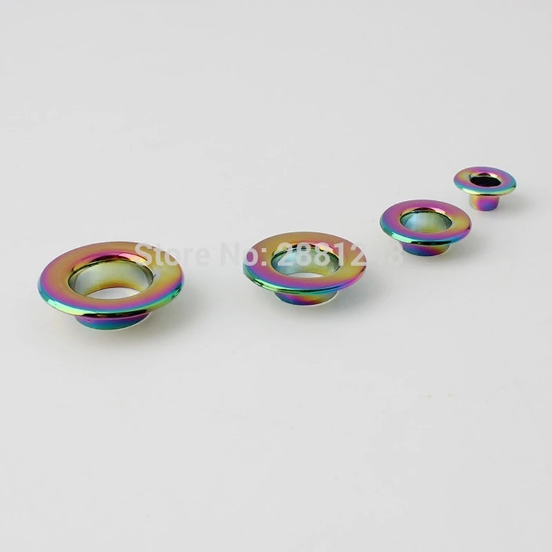 10-30-100pcs 6 Ukuran 4.5-5-8-10-12-13.5mm Tembaga Rainbow Mendorong Grommet Tas Metal Fitting Peralatan Ditekan Bulat Mata Ikan