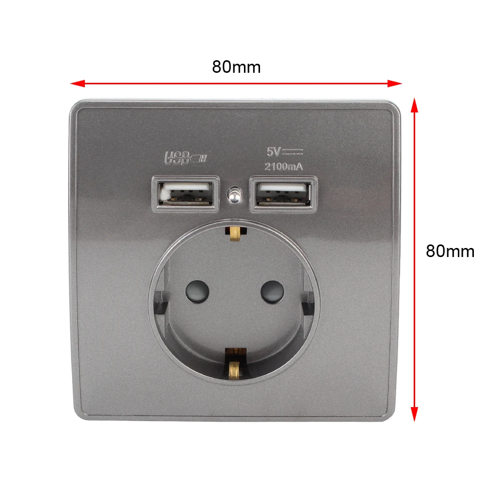 Grounded Charging 2 USB 5V 2.1A EU Standard Wall Germany Plug Socket 250V 16A Electrical Wall Charger Adapter Power Outlets