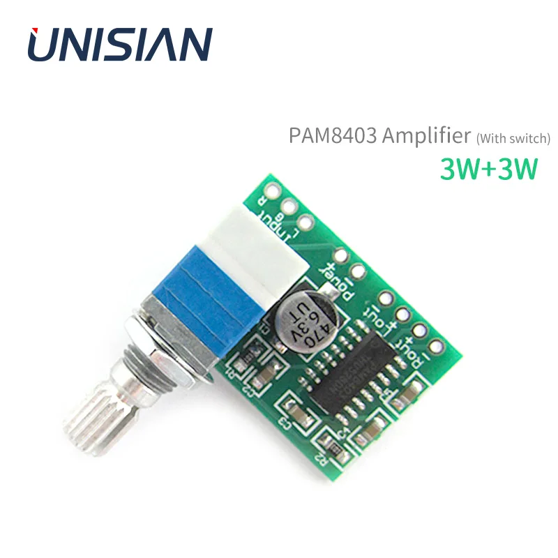 

UNISIAN PAM8403 Mini Amplifier Board 2X3W 2.0 Channels Digital Audio Power Amplifier Volume Control Potentiometer with Switch