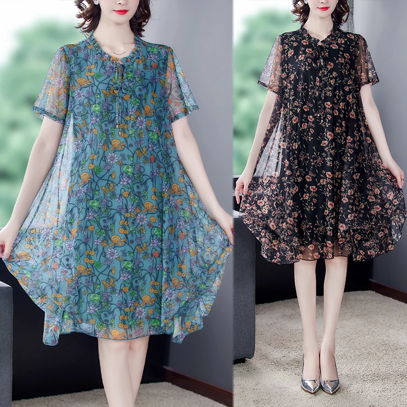 

Elegant Short Sleeve Floral Chiffon Dress ForWomen's Clothing Summer Dress 2022 New Female Lady Dresses D1382