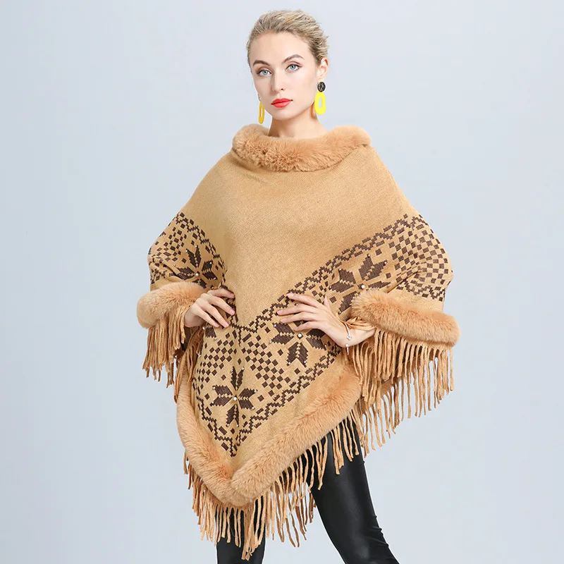 6 Color Fur Neck Warm Beading Floral Coat Overize Triangle Knitted Poncho Women Cape Big Pendulum Jacquard Weave Tassel Pullover