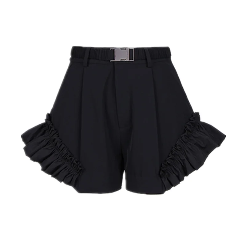 

Black Shorts Women High Waist Ruffles A Line Flare All-match Shorts Pants with Belt 2021 Cute Vintage Womens Shorts