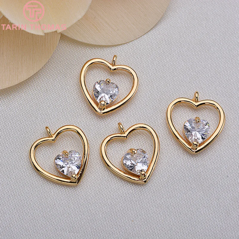 (1881)6PCS 12x11MM 24K Gold Color Plated Brass with Zircon Heart Pendants Charms High Quality DIY Jewelry Making Findings