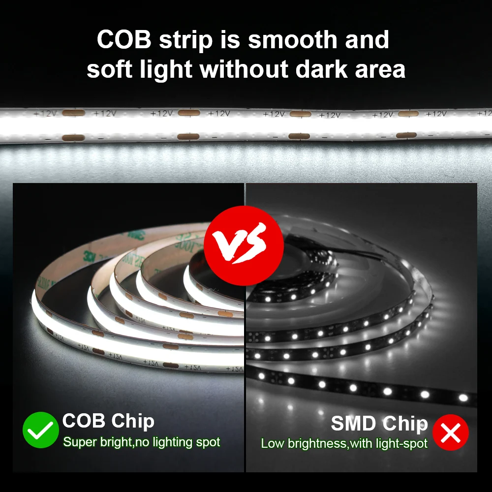 CRI 90 High Brightness 8mm Cuttable Flexible COB LED Strip DC12V 24V Warm Nature Cool White Linear Light Bar Tape for Home Decor