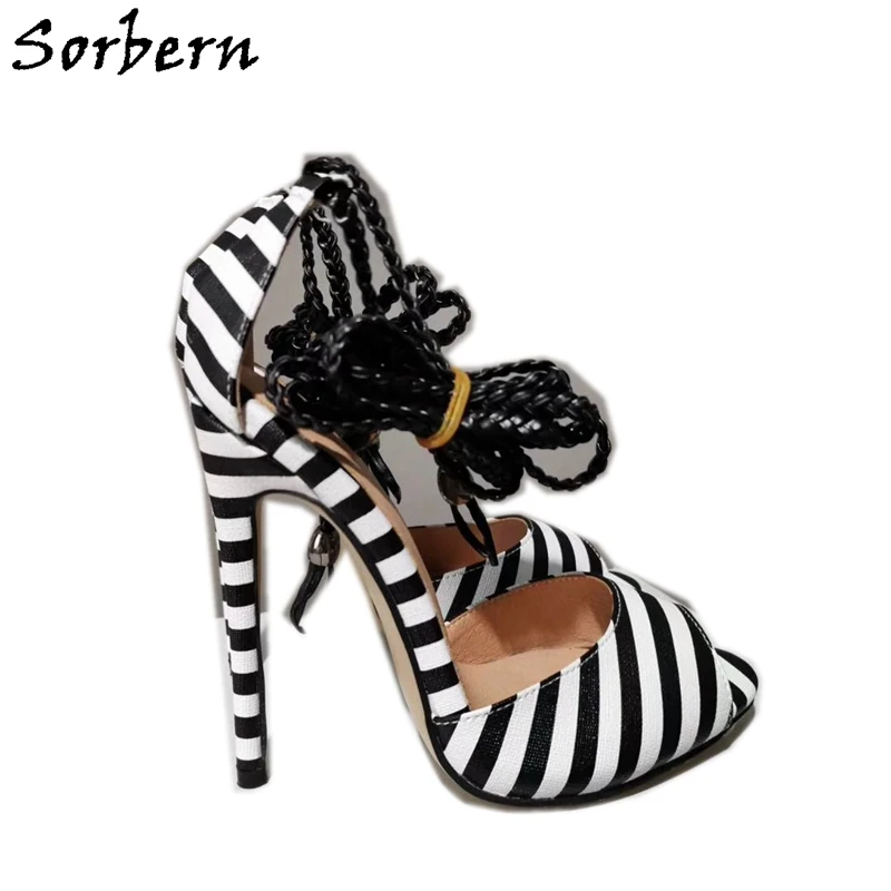 Sorbern White And Black Strip Women Sandals Ankle Strap Wrapped Open Toe High Heel Stilettos Two Piece Summer Shoes For Women