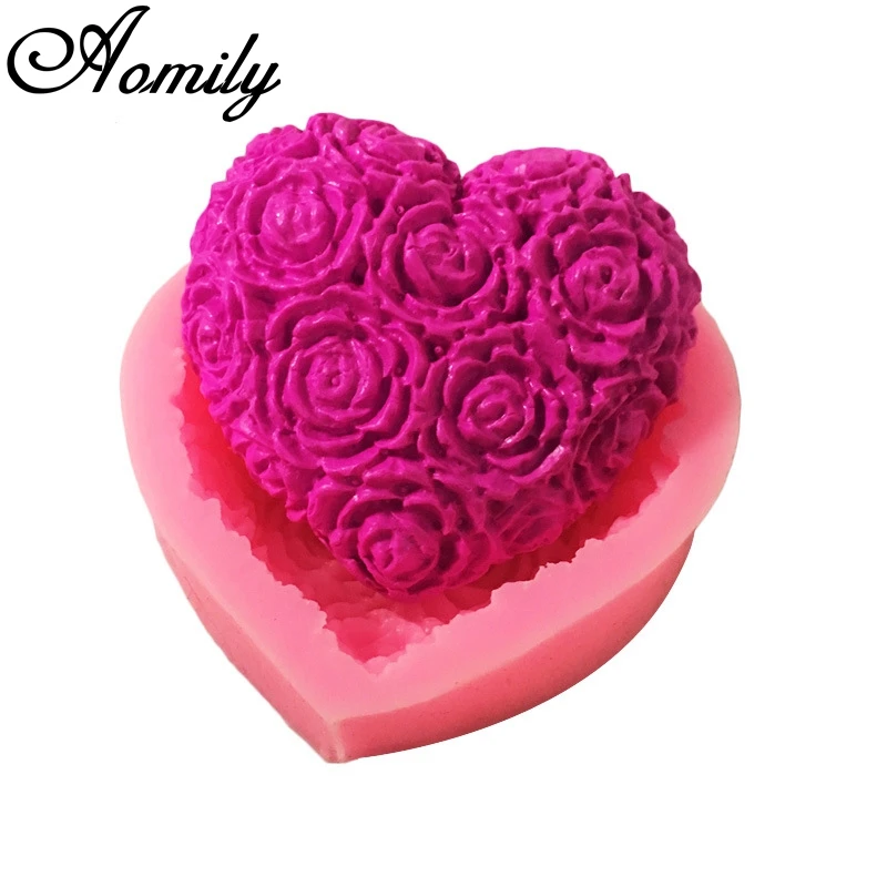 Aomily Silicone Rose Flowers Fondant Chocolate Mould Heart Love Soap Mold Candle Polymer Clay Molds Crafts DIY Forms Base Tool