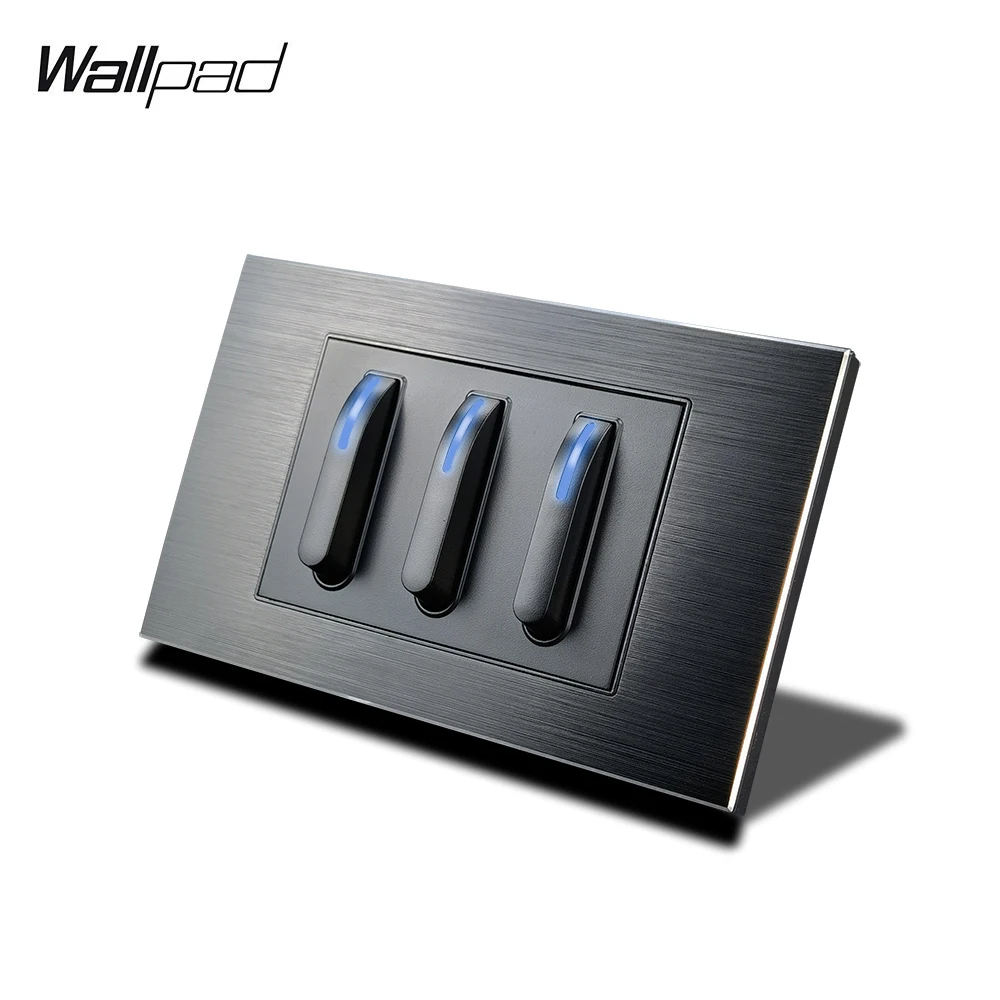 

118*75MM US 3 Gang Piona Button Light Switch with LED Indicator Wallpad L3 Black Metal Wall Panel 1 Way 2 Way Interruptores 6M