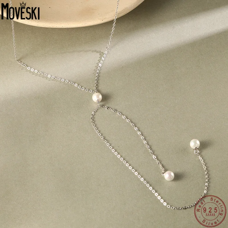 MOVESKI 925 Sterling Silver Retro Simple Shell Beads Tassel Back Chain Necklace Women Trend Jewelry Wedding Party Gift