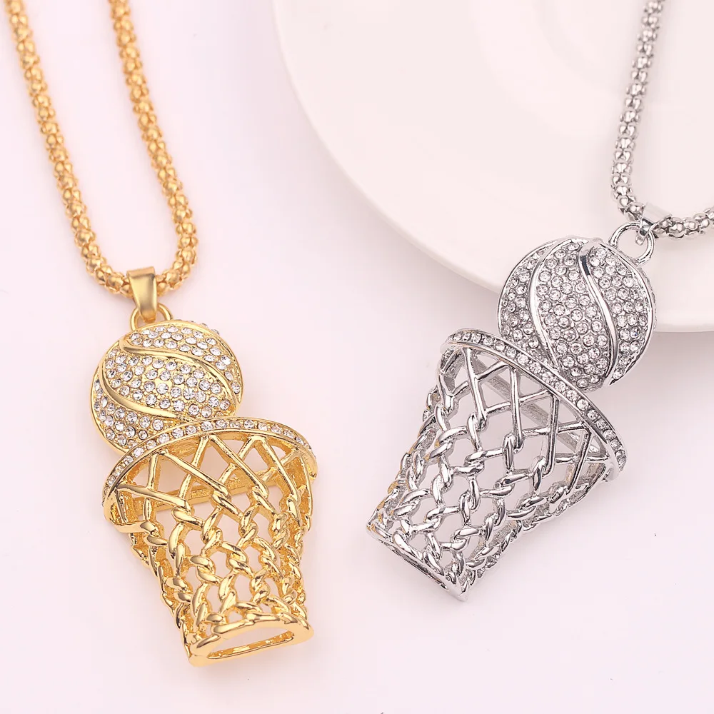 New Trendy Bohemian Crystal Inlaid Necklace Basketball Basketball Box Frame Pendant For Men Gold-plated Metal Sliding Necklace