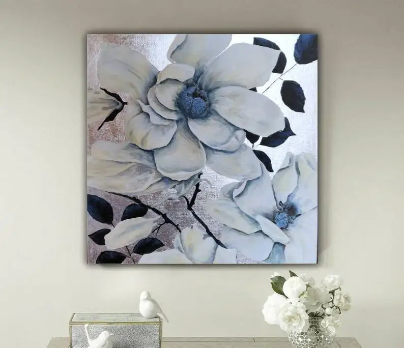 

Handmade Canvas Painting Nordic Painting Abstract Flower Painting Silver Leaf Art Painting Flower Painting On Canvas