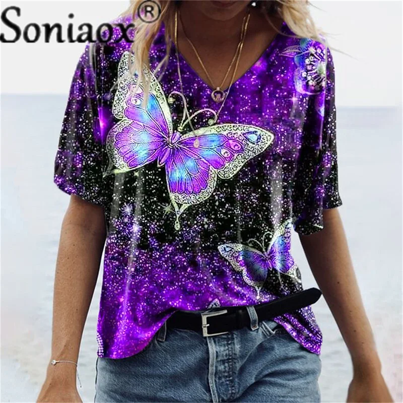 

2021 Fashion Women's New Summer V-Neck Short-Sleeve Shirt Butterfly 3D Print T-Shirt Top Casual Loose Street Clothing