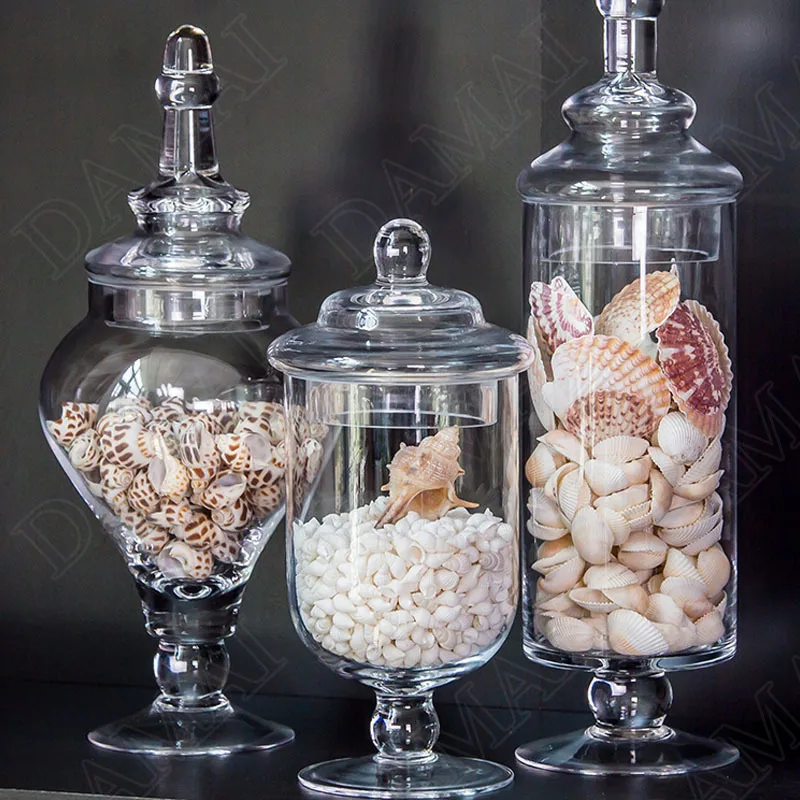 

Glass with Lid Storage Jar Tall Feet Candy Jars Shell Conch Organizer Tank European Style Home Decoration Modern Ornaments