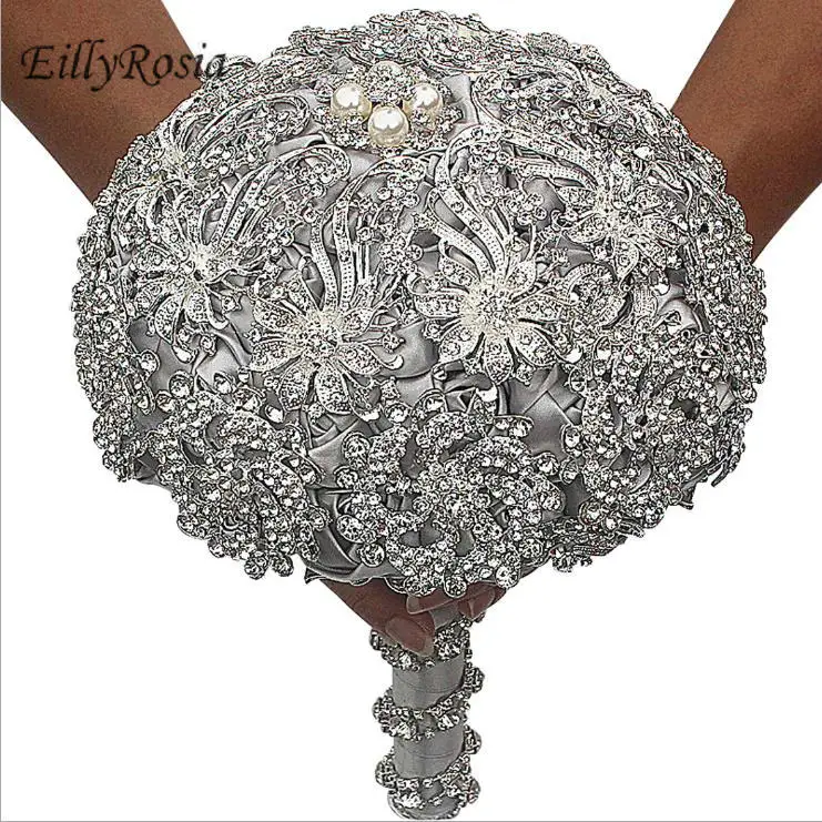 

EillyRosia Full Crystals Jewelry Bridal Bouquet Silver Rhinestones Luxury Brooch Bridesmaid Holding Wedding Flower Bouquet