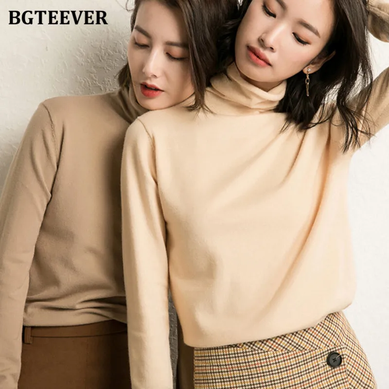 BGTEEVER Chic Turtleneck Knitted Female Pullovers Elegant Full Sleeve Slim Women Sweater 2021 Autumn Winter Women Knitwear Tops