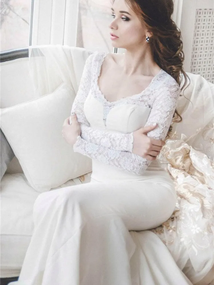 Đơn Giản Sexy Nàng Tiên Cá Váy Cưới 2021 Tay Dài Ren Táo Satin Cổ Tròn Dây De Mariage Trắng Bán Cô Dâu Bầu giá Rẻ