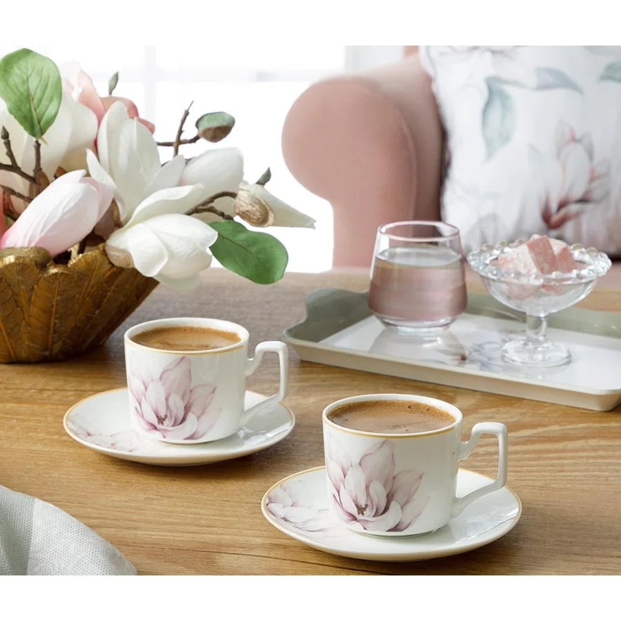 Coffee Set 2 Person Magnolia Decorated New Bone 4 Piece Coffee Cup Set 80 Ml Pink Color/ Enjoying Coffee/ Turkish Coffee