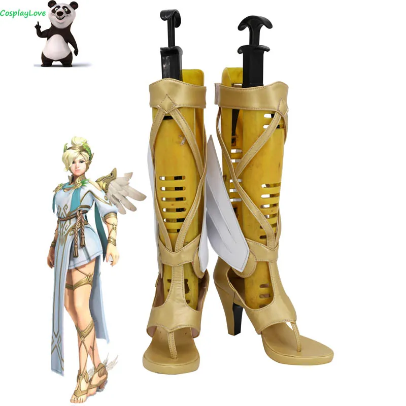 CosplayLove OW Game Mercy Charity Skin Mercy Angela Ziegler Gold Coslay Shoes Long Boots Leather Custom Made