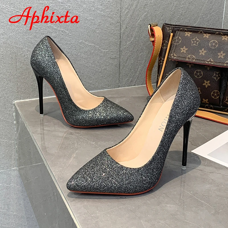 Aphixta 12cm Super High Stiletto Heels Pumps Women Shoes Bling Sequined Leather Pointed Toe Wedding Dress Thin Heel Shoes Woman