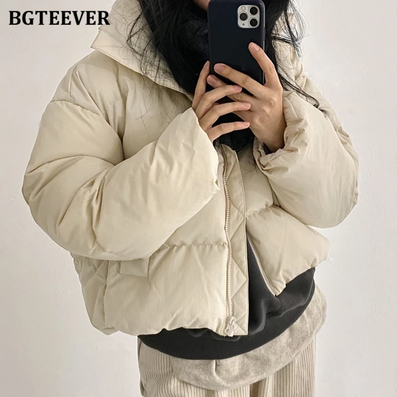 BGTEEVER Chic Winter Turtleneck Thicken Warm Women Down Jacket Full Sleeve Zippers Loose Casual Cotton Padded Female Parkas 2021