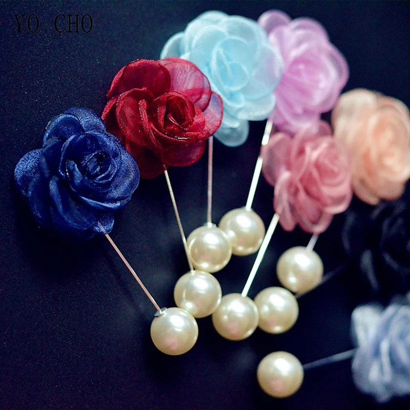 YO CHO Boutonniere Artificial Silk Rose Flower Groom Wedding Meeting Party Boutonniere Personal Corsage Decor Men Pin Buttonhole