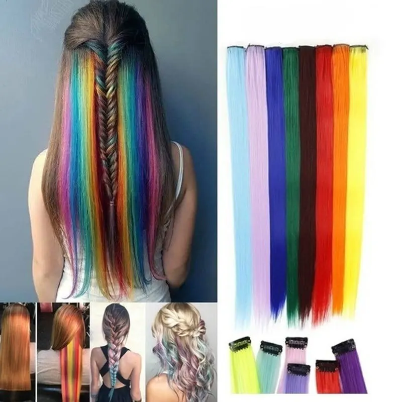 Straight Colorful Hair Clip In Highlight 55cm Long Rainbow Hair Streak  Hair Girl Strands on Hair Braids Kids Hair Accessories