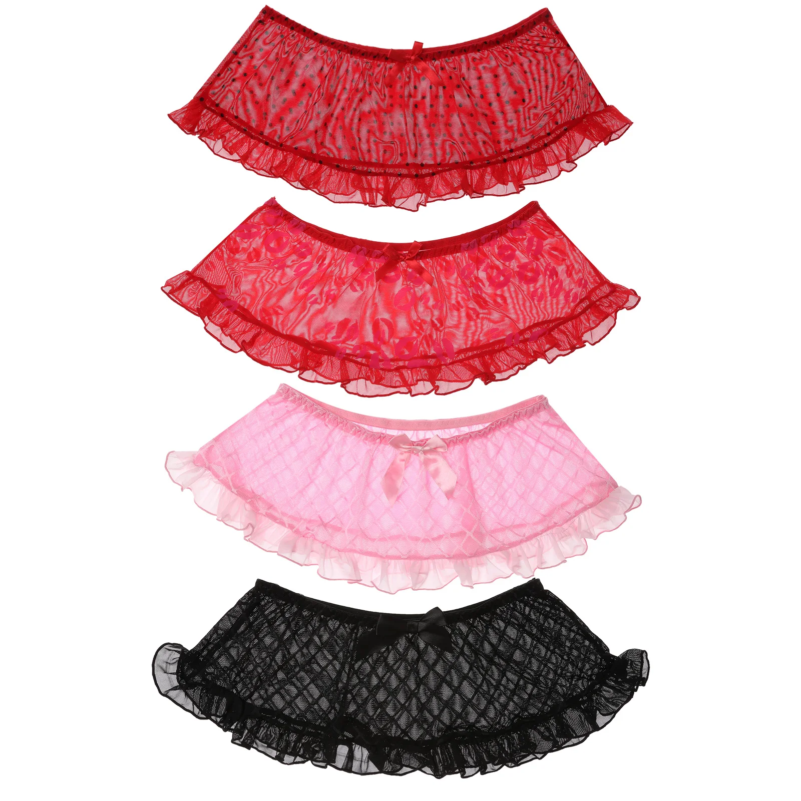 Mens Sissy Lingerie Erotic See-through Sheer Lace Underpants Panties Gay Male Ruffles Bowknot Mini Skirt