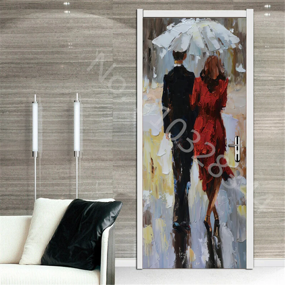 Oil Painting Door Sticker 3D Self-Adhesive Wallpaper For Porch Living Room Decoration Mural Interior Doors Cover Home Design Art
