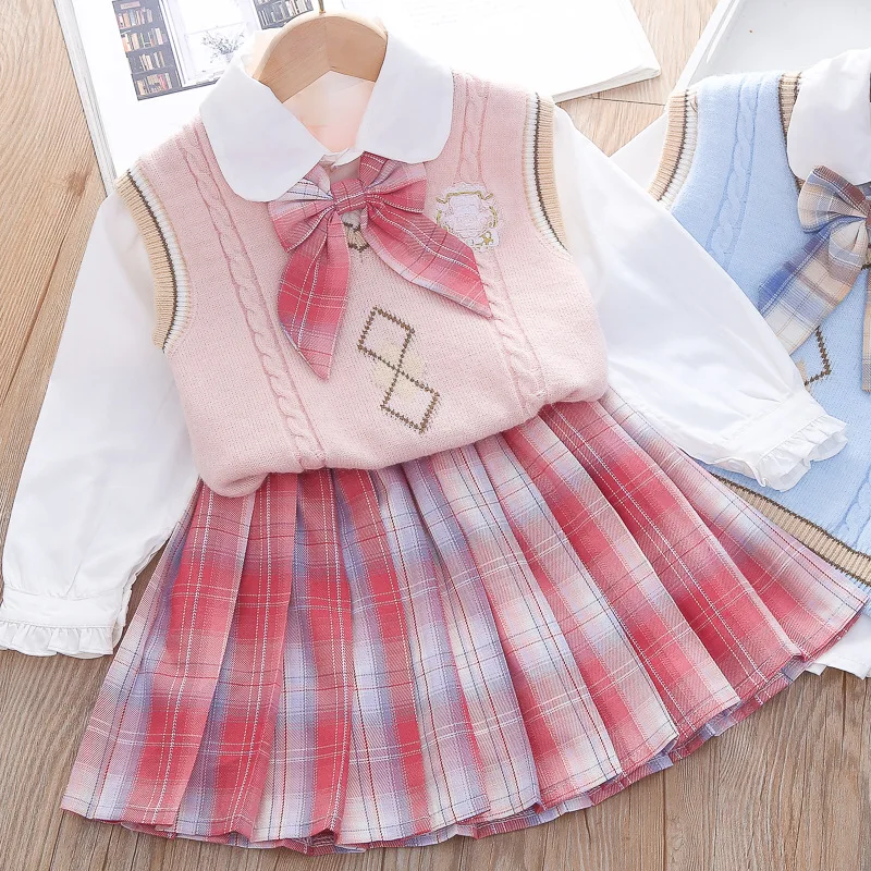 Girls JK College Style Suit Autumn Winter New Sweater Vest Doll Collar Shirt 3 Pieces Pleated Skirt Boutique Kids Clothing Set