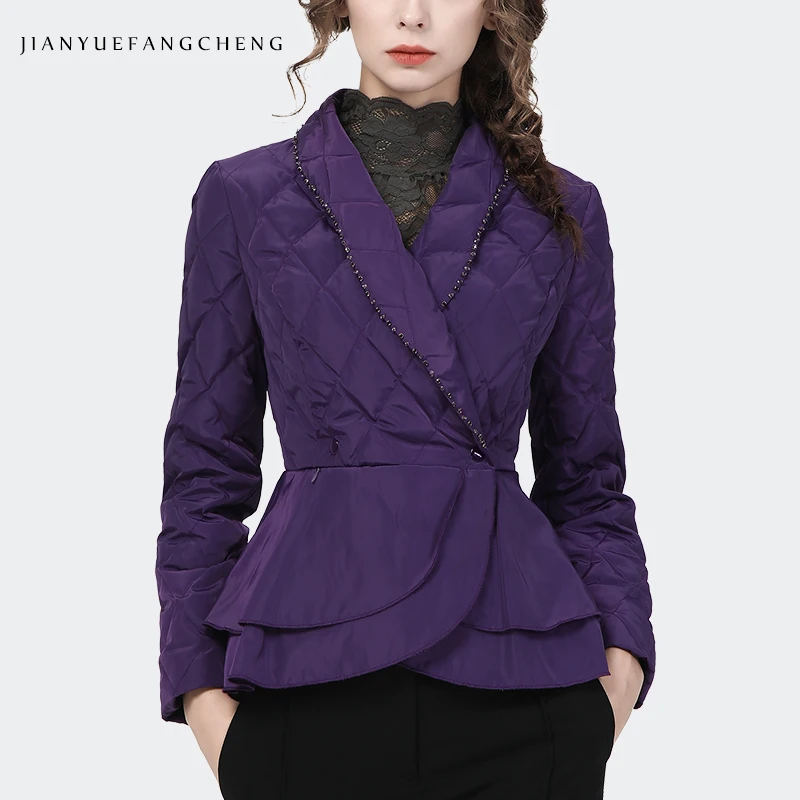 Chaqueta de plumón corta para mujer, abrigo ajustado con cuello de traje elegante, color púrpura, cálido, con cintura ligeramente ceñida, con cierre