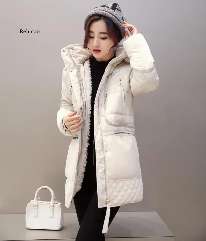 

Women Winter 3Xl Hooded Solid Color Lambswool Thick Padded Jackets Warm Mid Length Coats Parkas
