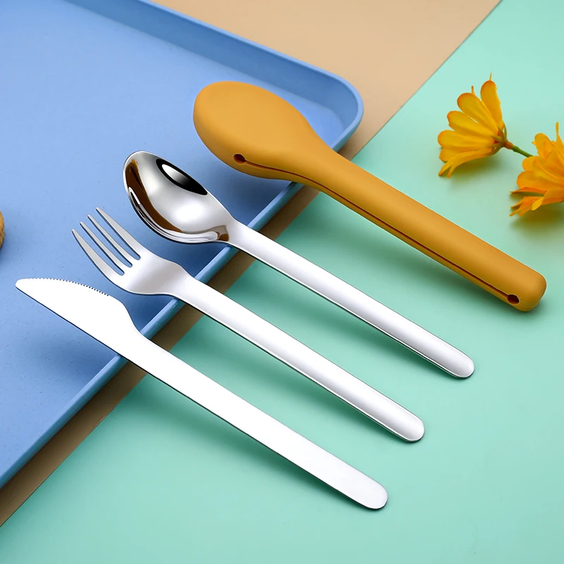 304 Stainless Steel Camping Picnic Portable Tableware Set Travel Cutlery With Silicone Case Cutlery Set Reusable Portable Case