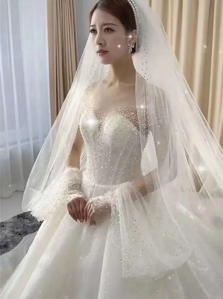 

One layer pearls long veil with sleeves metal comb high quality tulle ivory bride veil & bride gloves together
