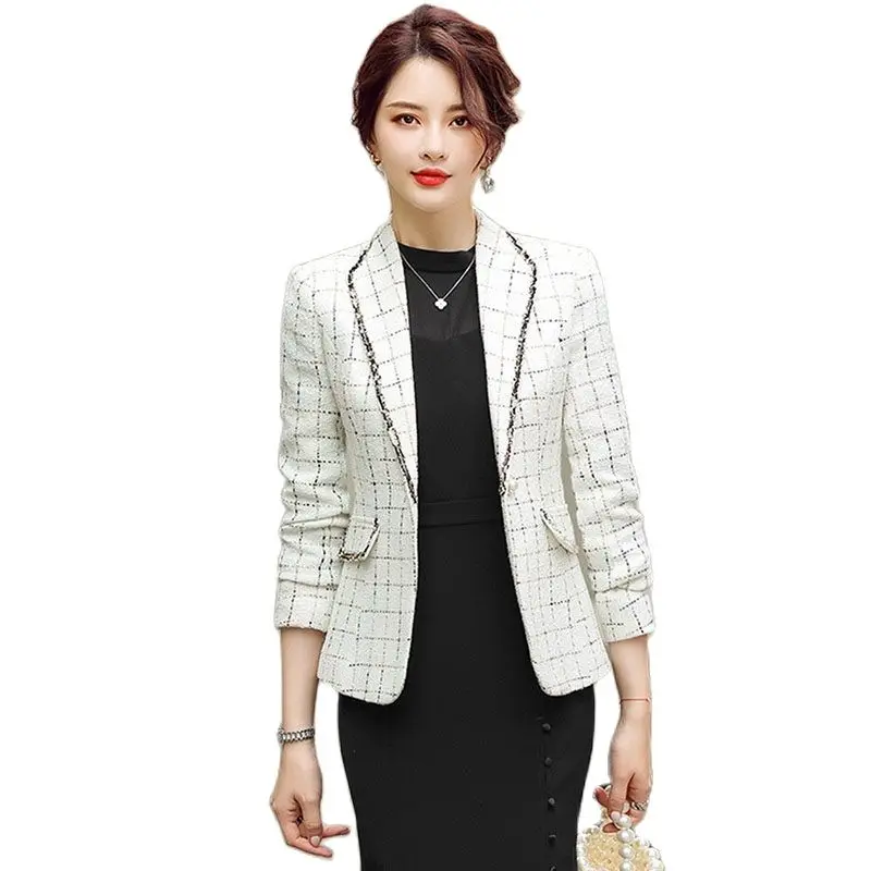 

2023 New Casual White Plaid Suit Jackets For Women Clothing Spring Autumn Short Blazer Jackets Girls Tops aq667