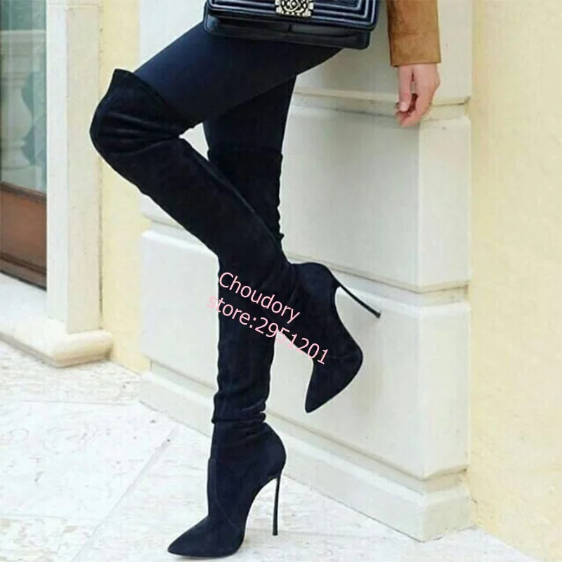 Over The Knee Suede Slim Boots Stretch Fabric Metal Thin High Heel Sexy Pointed Slip On Winter Women Shoes Solid Sexy Boots