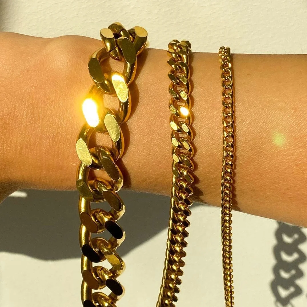 Bracelets Or Femme Plaqué 18K – Ensemble Chaîne Cubaine Perles Réglable Étanché Bijoux Tendance