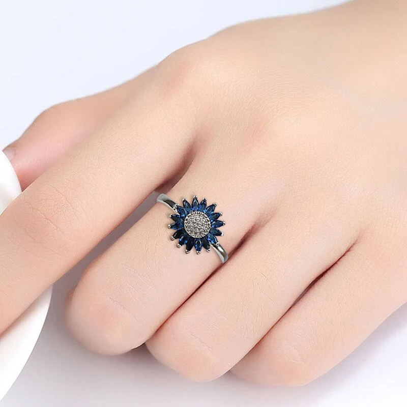 Cellacity Trendy Silver  Ring for Women Gemstones Fine Jewelry Sunflower Sapphire Zircon Blue Female Dating Ring Korean Style