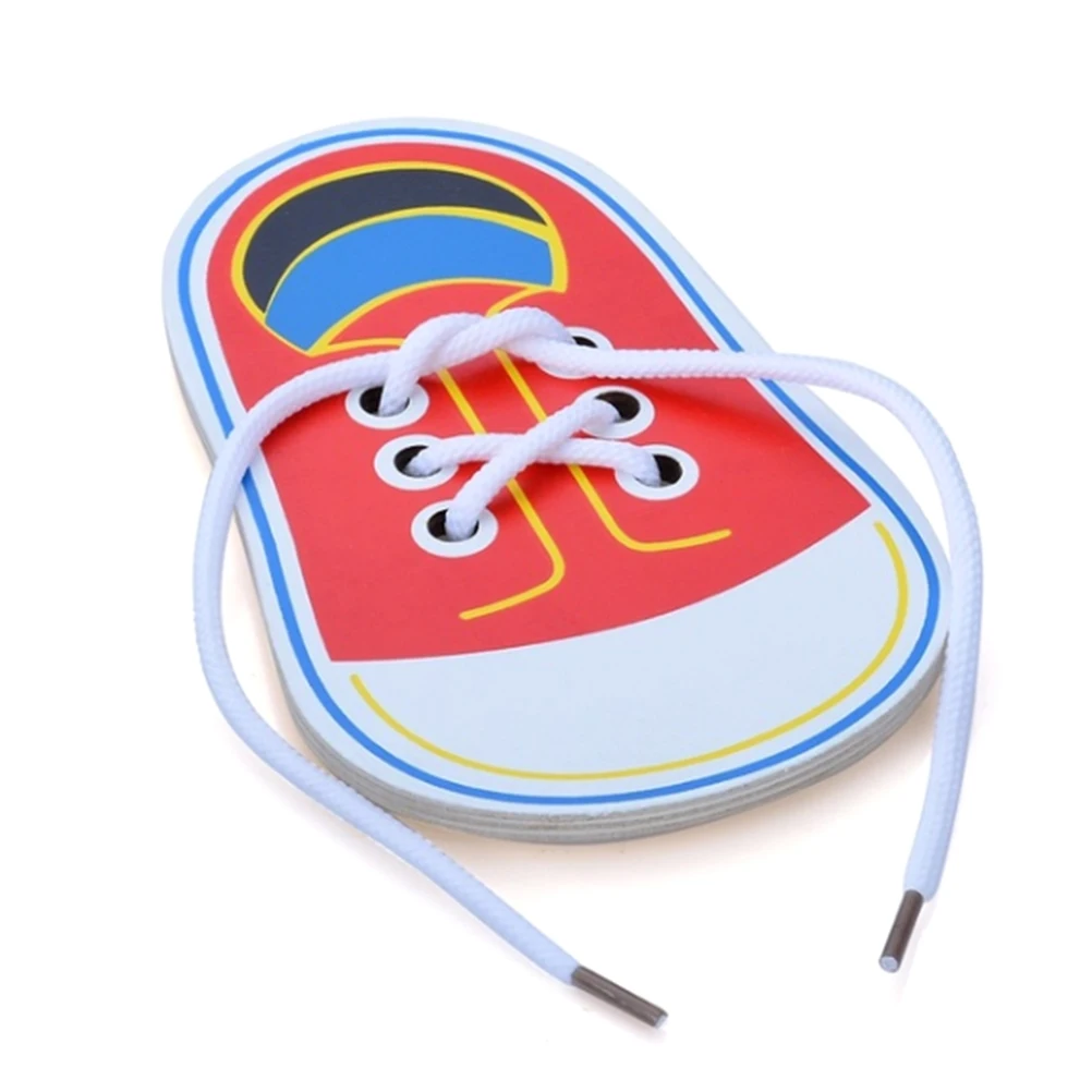 16cm Wooden Lacing Shoe Toy Learn to Tie Laces Threading Educational Motor Skills Toys For Children Kids Preschool Toys